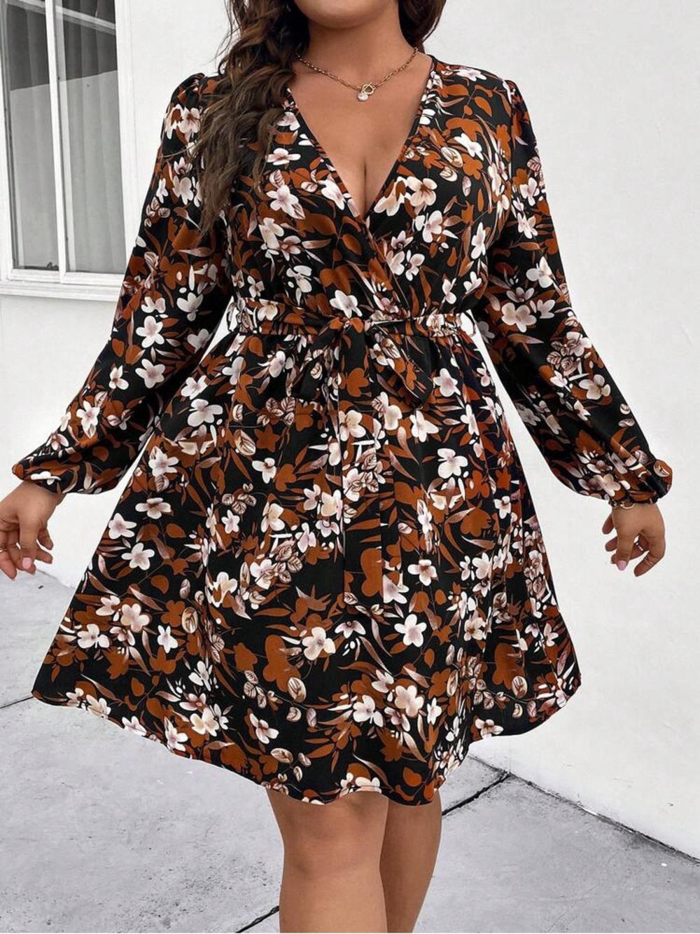 SHEIN Black Floral Wrap Long Sleeve Dress with Brown and White Accents Elegant-